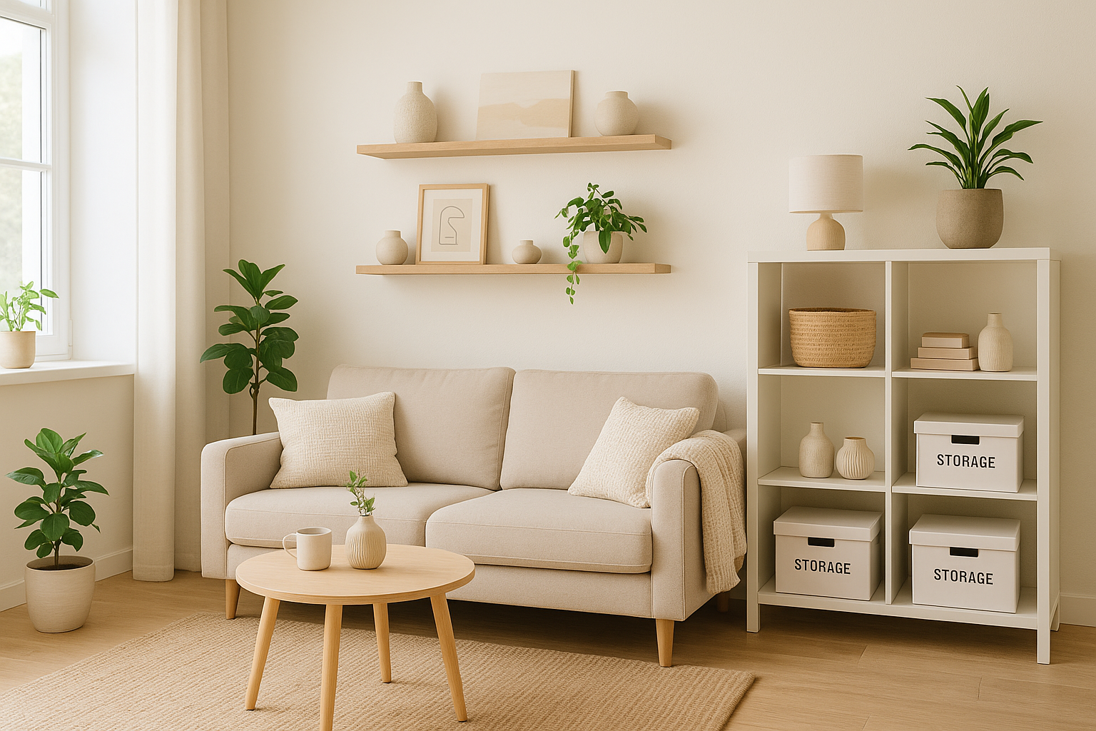 A bright, cozy, and modern living room with neatly organized shelves, minimalist home decor, labeled storage boxes, and plants. Neutral tones like beige, white, and soft wood. A sense of calm, cleanliness, and organization. Natural light coming through the window. Scandinavian-style home interior. High resolution, lifestyle photo, suitable for e-commerce homepage.